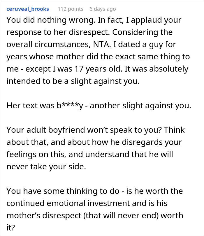 Comment discussing emotional impact after couple break up following mom&rsquo;s joking seat-stealing to separate them.