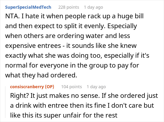 Text exchange about a friend ordering half the menu and expecting to split the bill equally at dinner. Text exchange about a friend ordering half the menu and expecting to split the bill equally at dinner.