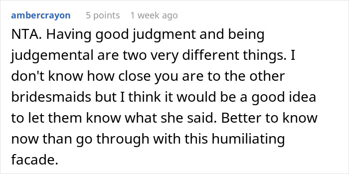 Comment discussing judgment and bridesmaids choice in text format.