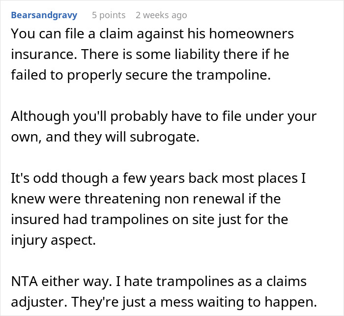 Discussion about liability for trampolines flying into neighbor's yard during storm in an online forum.