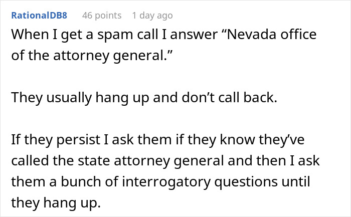 Text exchange where man deters spam callers by pretending to be the Nevada attorney general's office.