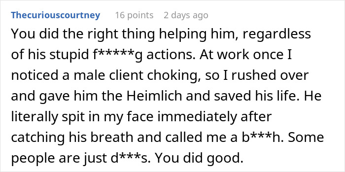 Comment praising a lifeguard for saving a male client despite being berated, highlighting fragile male ego and thanks.