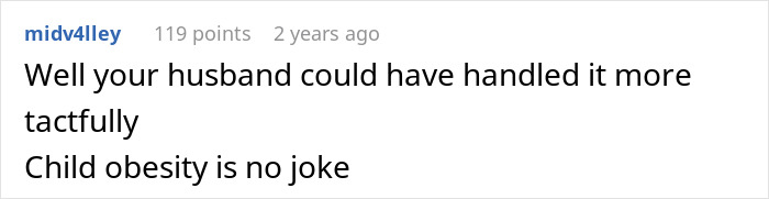 Commenter discussing husband fat-shaming their 13-year-old daughter and concerns about child obesity.