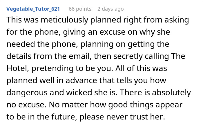Text detailing an elaborate plan to cancel a honeymoon, highlighting deceit and lack of trust.