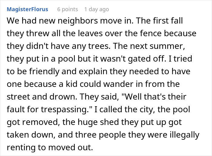 Text exchange about neighbor conflict over an illegal shed and swimming pool removal.