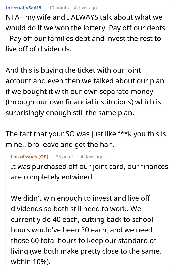 Reddit comments about sharing lottery winnings and relationship finances.