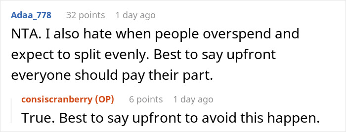Reddit user comments about overspending and splitting dinner bills fairly among friends. Reddit user comments about overspending and splitting dinner bills fairly among friends.