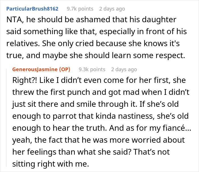Text discussion about fiance, daughter, and gold digger accusations on a public forum.