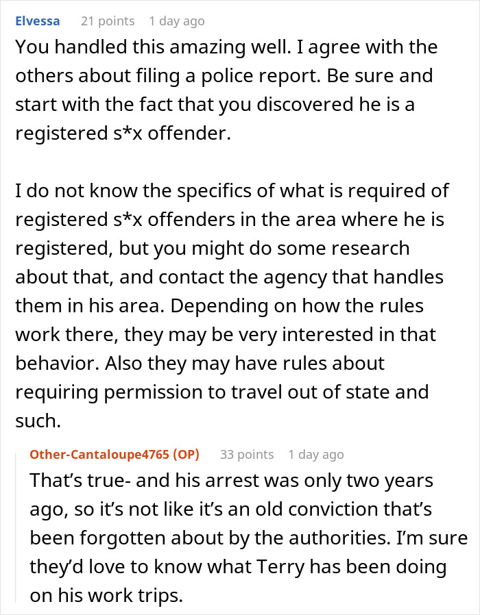 Reddit comments discuss handling a delusional client and clever escape, mentioning a registered offender.