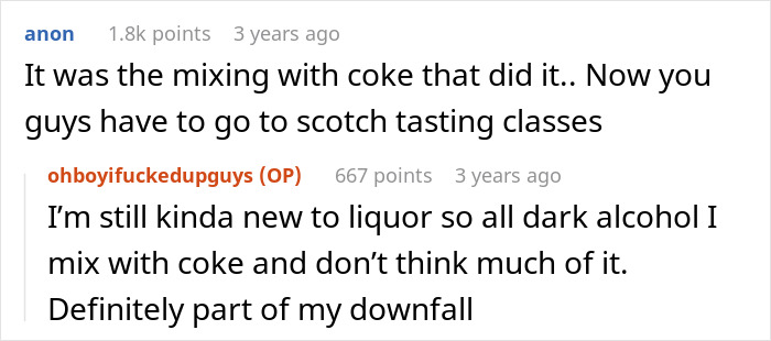 Text exchange about scotch mixing with coke, suggesting scotch tasting classes.