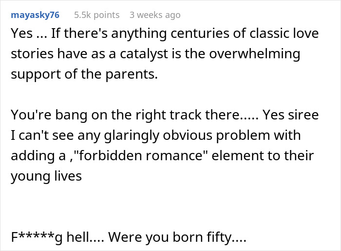 Comment discusses challenges of forbidden romance and parental support.