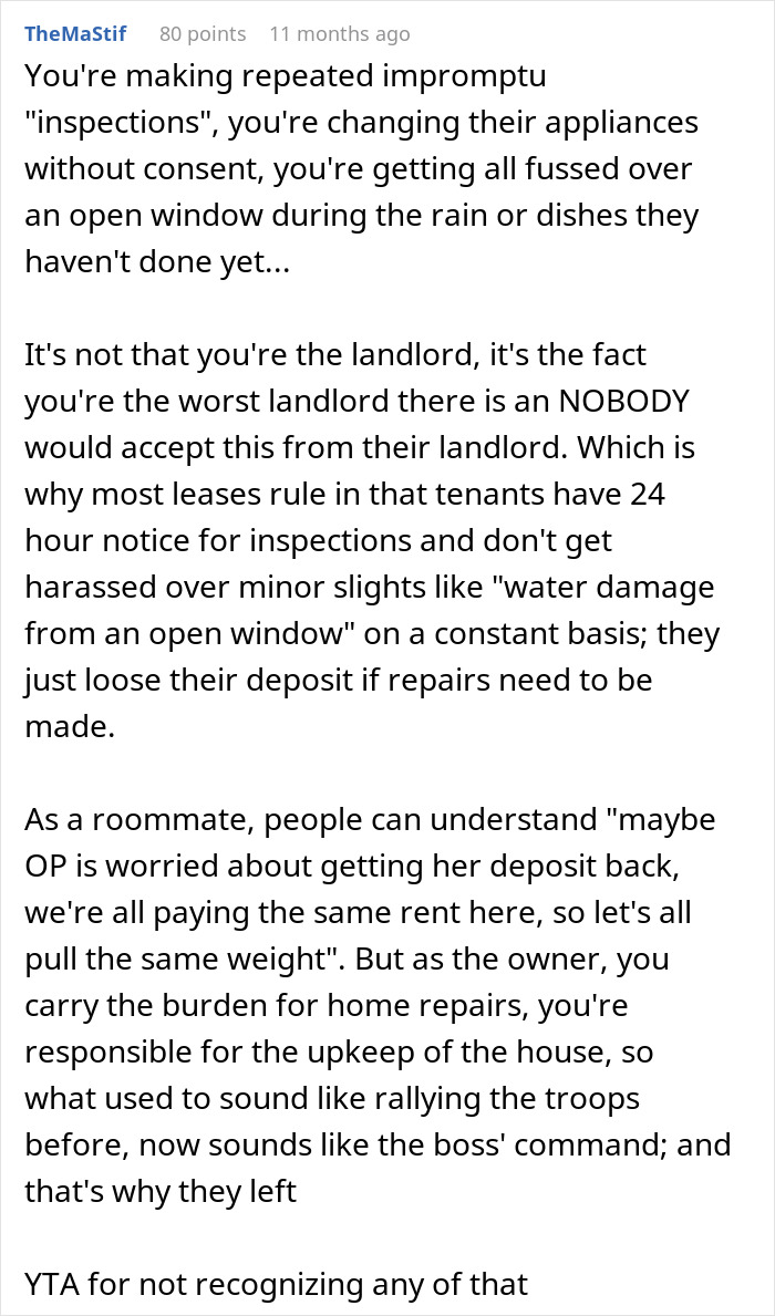 Reddit comment criticizing a landlord for poor management and lack of communication with roommates. Reddit comment criticizing a landlord for poor management and lack of communication with roommates.