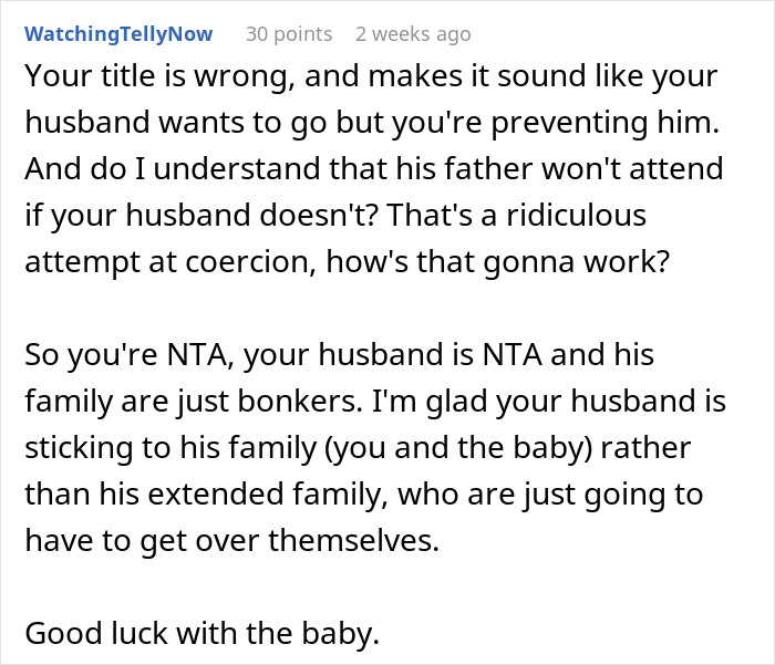 Comment discusses a mom-to-be's concern over husband's decision about attending sister's wedding near due date.