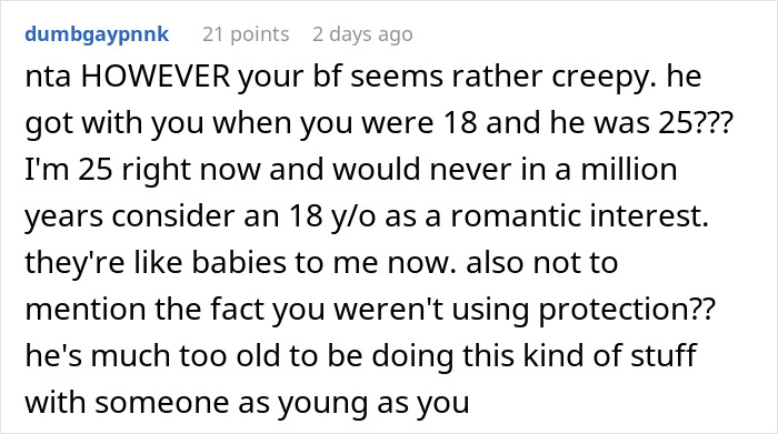 Comment discussing age gap in a relationship and pregnancy concerns. Comment discussing age gap in a relationship and pregnancy concerns.