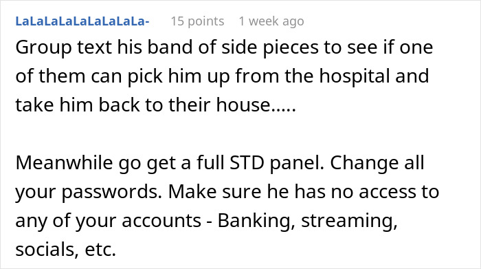 Text discussing checking a boyfriend's phone in the ER, with advice on breaking up and securing personal information.