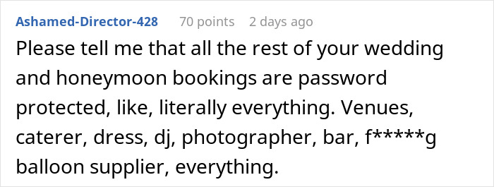 Reddit comment advising on securing wedding and honeymoon bookings.