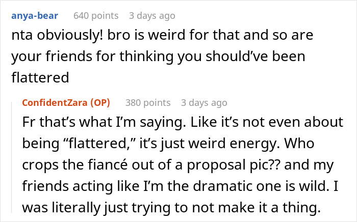 Discussion about a woman untagging herself due to her fianc&eacute; being cropped from an engagement photo on Instagram.