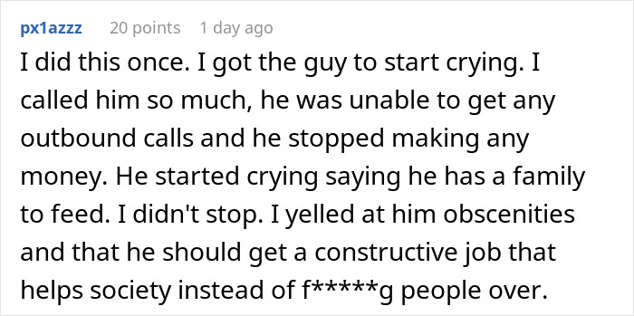 Text recounting a man's experience with a spam caller after contacting them 266 times.