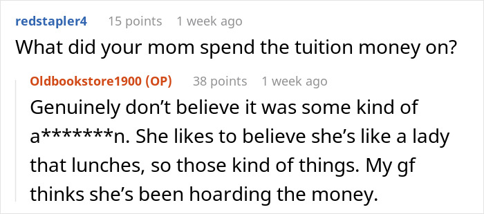Chat conversation showing a mom asked son for cash after stealing college fund and son tells her to take from debt owed.