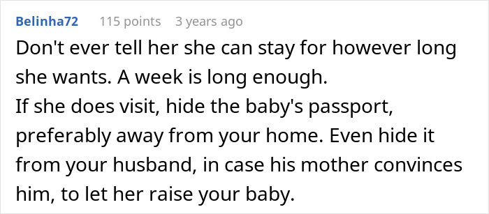 Text screenshot: Advice on setting boundaries with mother-in-law regarding baby visits.