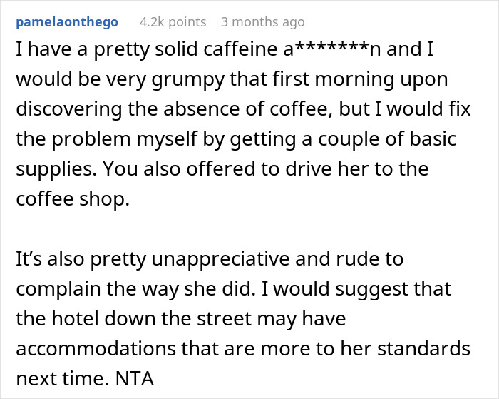 Reddit comment discussing drama over lack of coffee at a friend's home, suggesting alternatives.