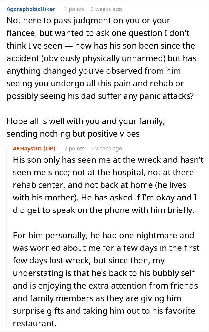 Screenshot of a Reddit conversation about a woman bearing physical consequences of an accident caused by her fiancé. Screenshot of a Reddit conversation about a woman bearing physical consequences of an accident caused by her fiancé.