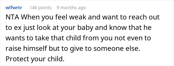 Reddit comment discussing a partner plotting against fiancée who just gave birth, emphasizing child protection. Reddit comment discussing a partner plotting against fiancée who just gave birth, emphasizing child protection.