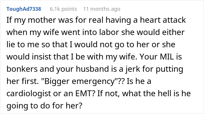Reddit comment discussing husband's choice between mom and wife during labor test.