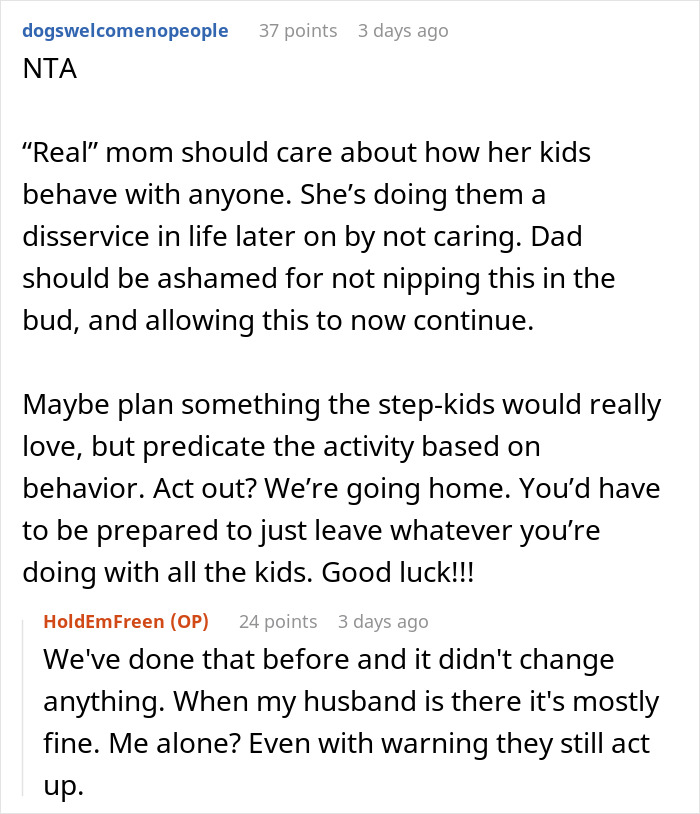 Reddit comment thread discussing stepmom's exclusion of stepchildren from events.
