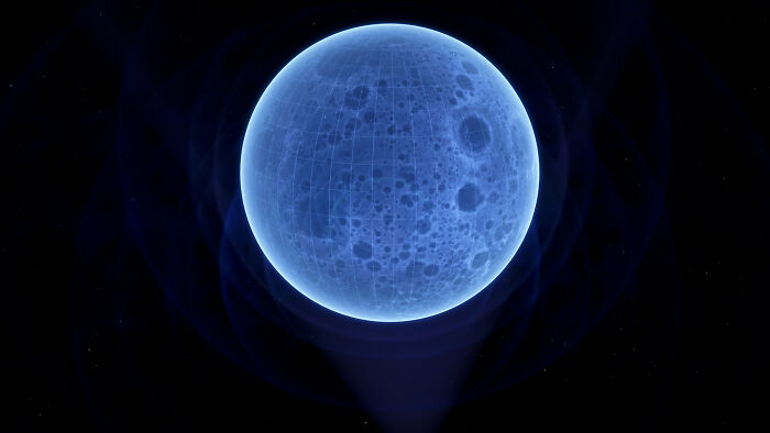 Blue moon with crater details, evoking themes from conspiracy theories, set against a dark space backdrop.
