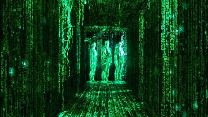 Green digital figures in a dimly lit corridor, representing a dive into conspiracy theories.