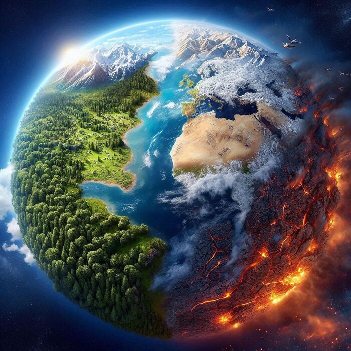 Half-Earth showing vibrant nature on one side, fiery apocalypse on the other, symbolizing conspiracy theories.