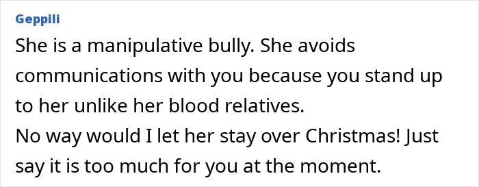 Comment text about manipulative bullying and avoiding communication, highlighting controlling behavior frustrations with a SIL.