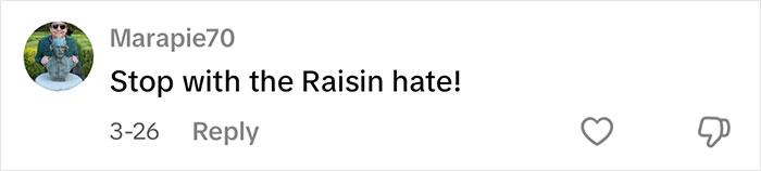 Comment on Costco carrot cake discusses raisin ingredient, shows mixed opinions among shoppers.