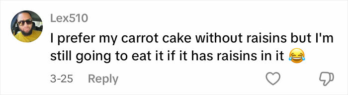 Costco shopper prefers carrot cake without raisins, but still enjoys it even with them, accompanied by a laughing emoji.