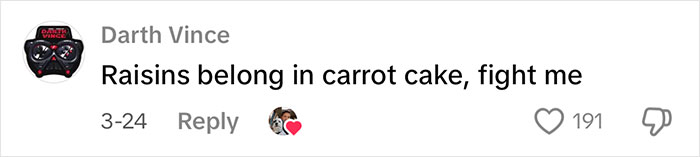 Comment on carrot cake ingredient debate, mentioning raisins, with likes and dislikes visible.