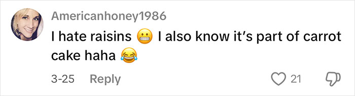 Comment about raisins in carrot cake, highlighting Costco shoppers' debate on ingredients.