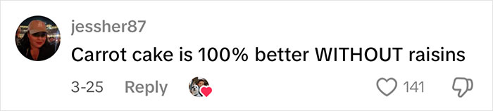 Costco discussion on carrot cake ingredient, comment states, "Carrot cake is 100% better WITHOUT raisins" with likes.