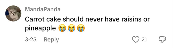 Comment on carrot cake ingredients at Costco, expressing dislike for raisins or pineapple with crying emojis.