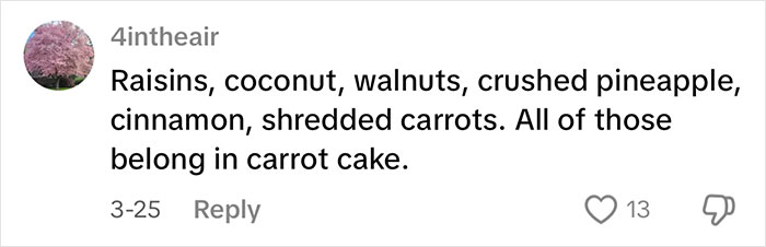 Comment listing ingredients for carrot cake debate among Costco shoppers.