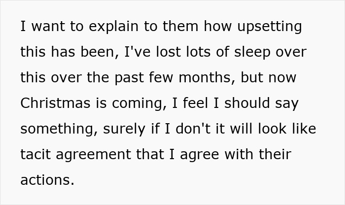 Text discussing distress over withheld inheritance and need to address family actions as Christmas approaches. Text discussing distress over withheld inheritance and need to address family actions as Christmas approaches.