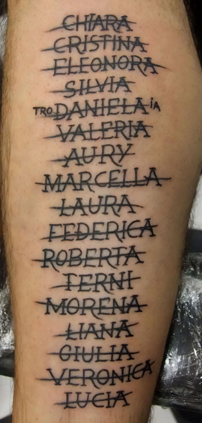 Bad tattoo featuring a list of crossed-out names on skin.