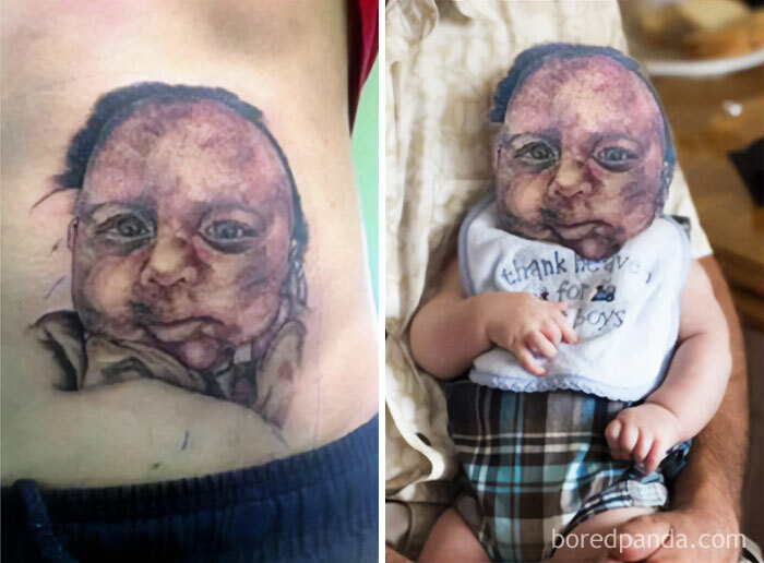 Bad tattoos: a poorly done baby portrait tattoo beside a photo of the actual baby wearing a bib.
