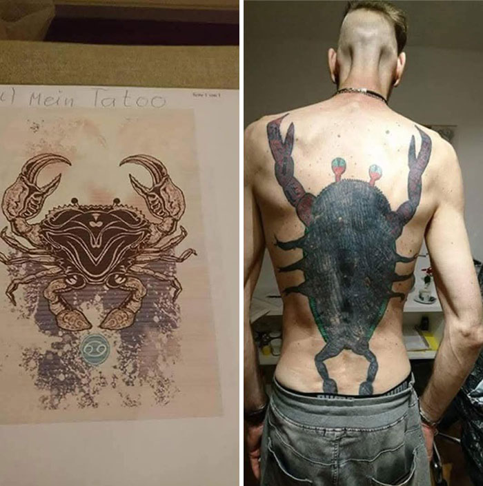 Man with hilariously bad crab tattoo on his back, next to the original design.