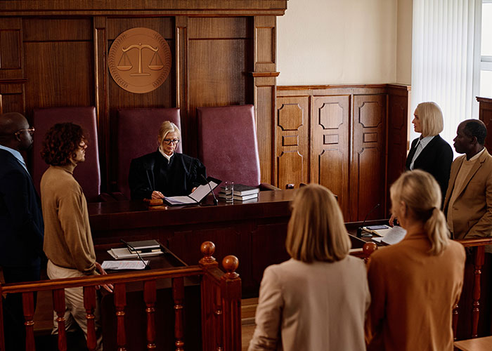 Judge in a courtroom with participants during a legal proceeding involving a dispute with a neighbor. Judge in a courtroom with participants during a legal proceeding involving a dispute with a neighbor.