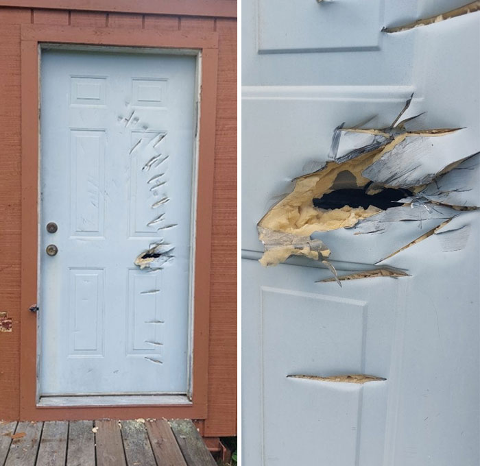 Damaged white door with large creepy hole and scratches, showing exposed insulation behind the damaged panel.