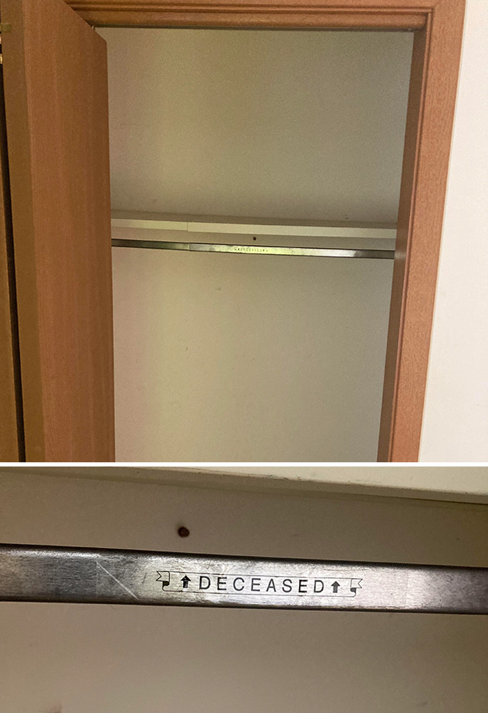 Empty closet with a metal bar labeled "DECEASED," a creepy discovery in a home.