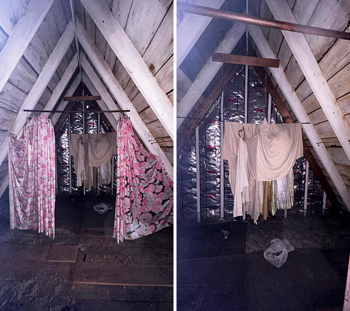 Creepy attic with old floral and beige curtains hanging, discovered hidden in home.