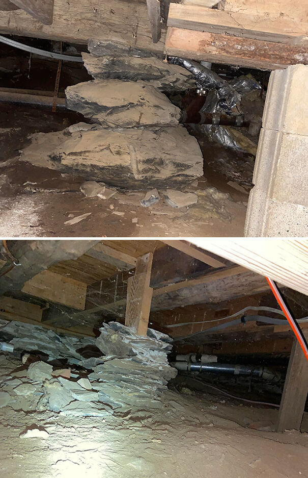 Rocas que sostienen la antigua casa de campo de 1840 mientras se inspeccionan filtraciones de agua en el espacio de acceso.