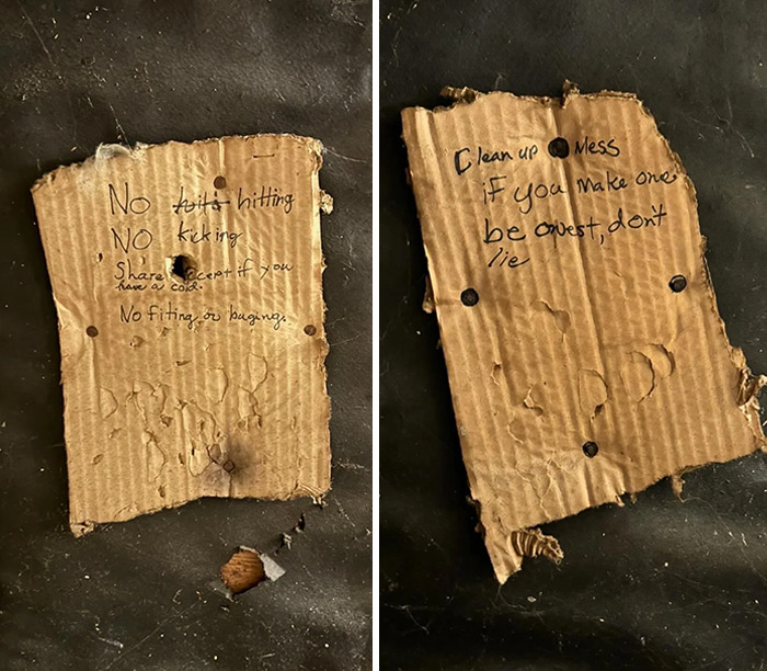 Worn cardboard notes with rules found hidden in new home, including no hitting and cleaning up messes. Creepy discoveries.